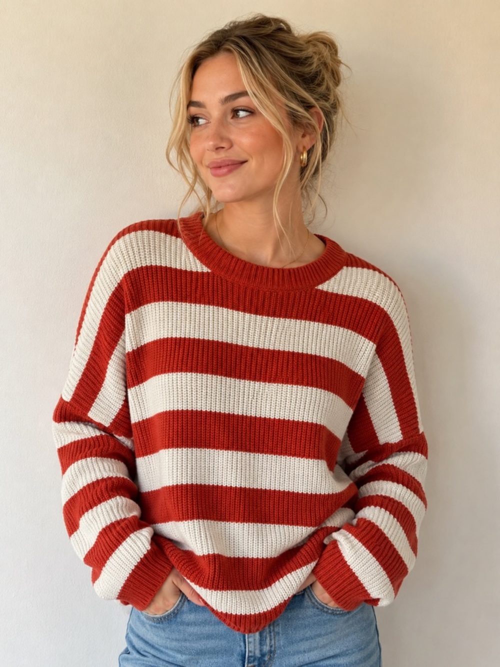 Flying Tomato Striped Rust & Cream Knit Sweater Small